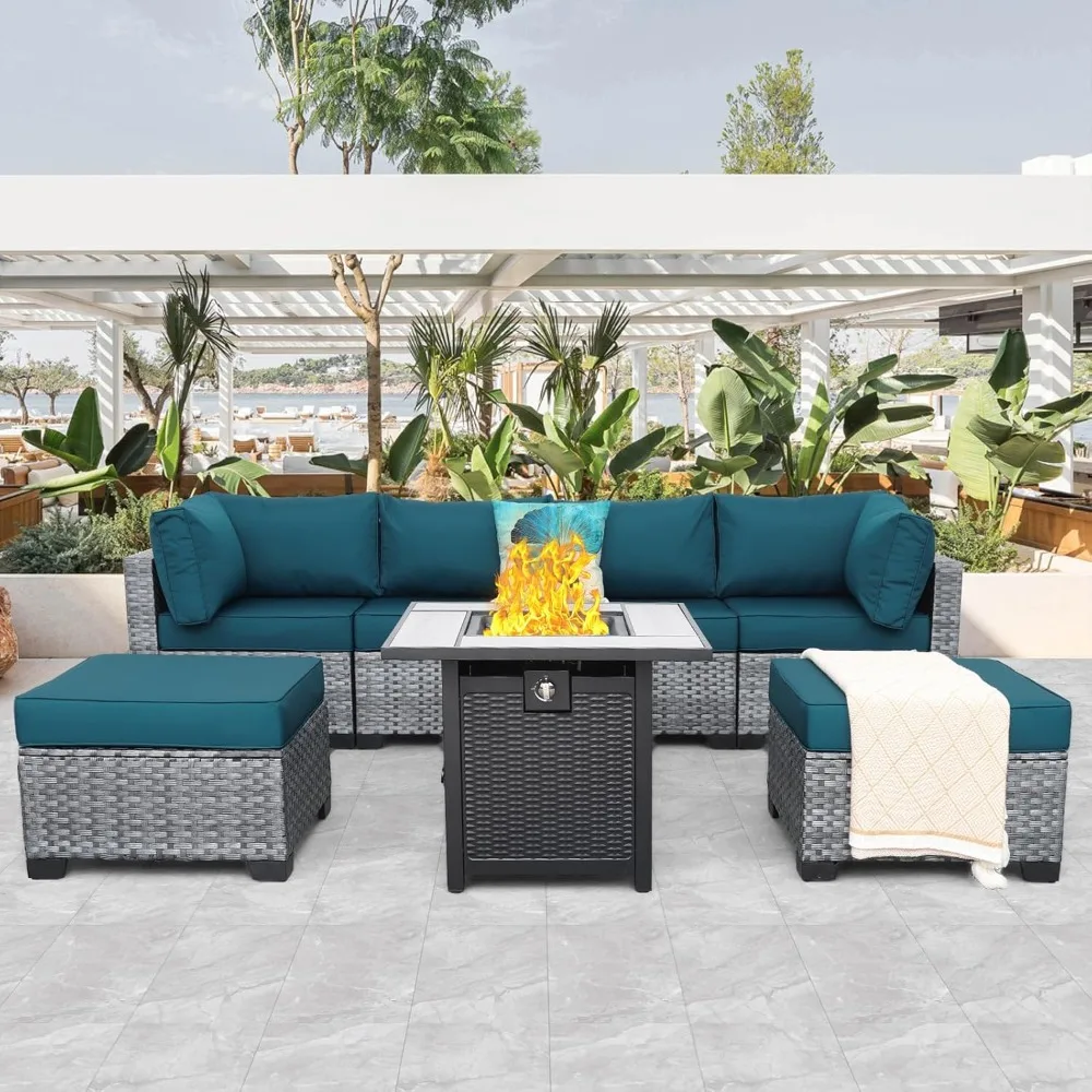 

WAROOM Patio Furniture Set 7 Pieces Gray Rattan Outdoor Sectional Sofa PE Wicker Conversation Couch Sets with Propane Fire