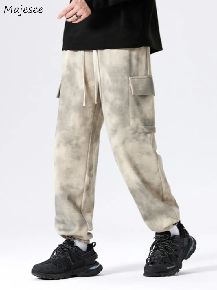 

Повседневные брюки мужские свободные прямые шикарные плюс бархатные толстые осенне-зимние повседневные ретро американский стиль длиной до пола карго Ins Fashion