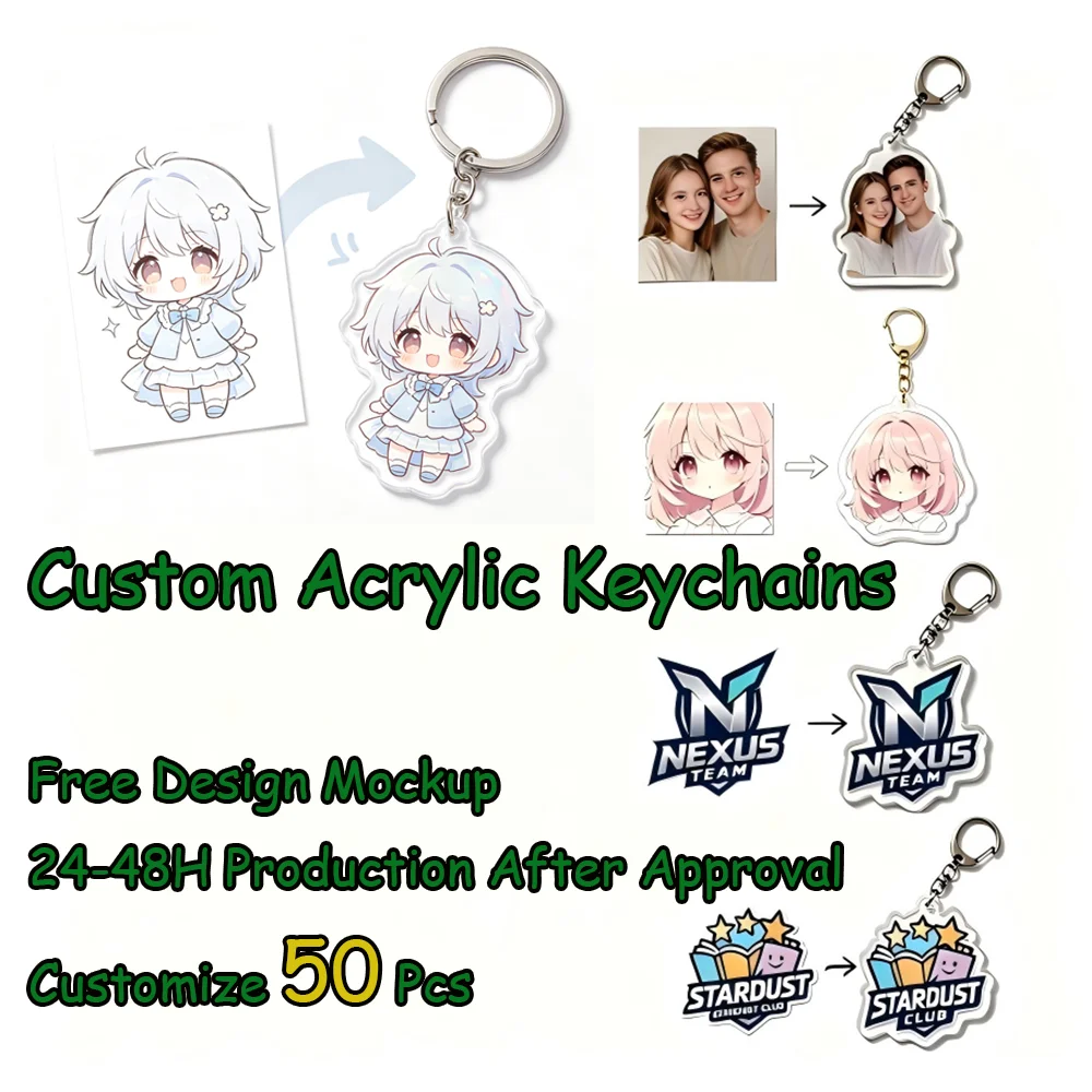 50Pcs Custom Acrylic Keychain Personalized Anime Logo Photo Keyring Double Sided Free Design Mockup 24-48H Production