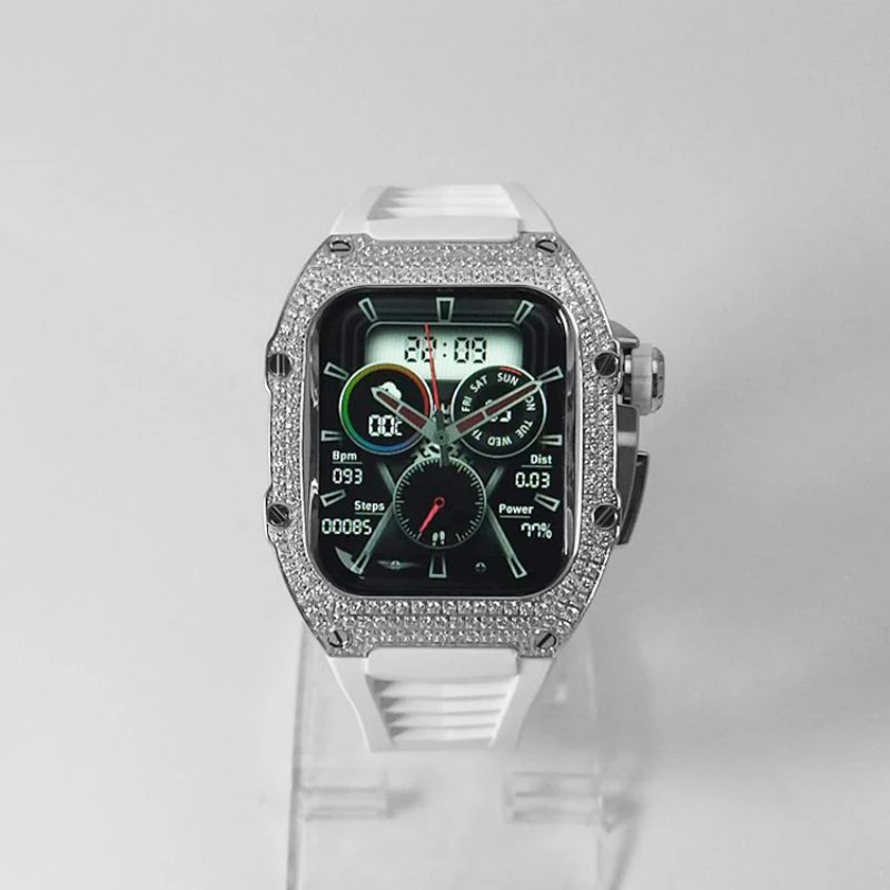 Boîtier de montre de luxe en acier inoxydable, avec bracelet en caoutchouc fluoré, pour Apple Watch, avec zircons pour la série iWatch