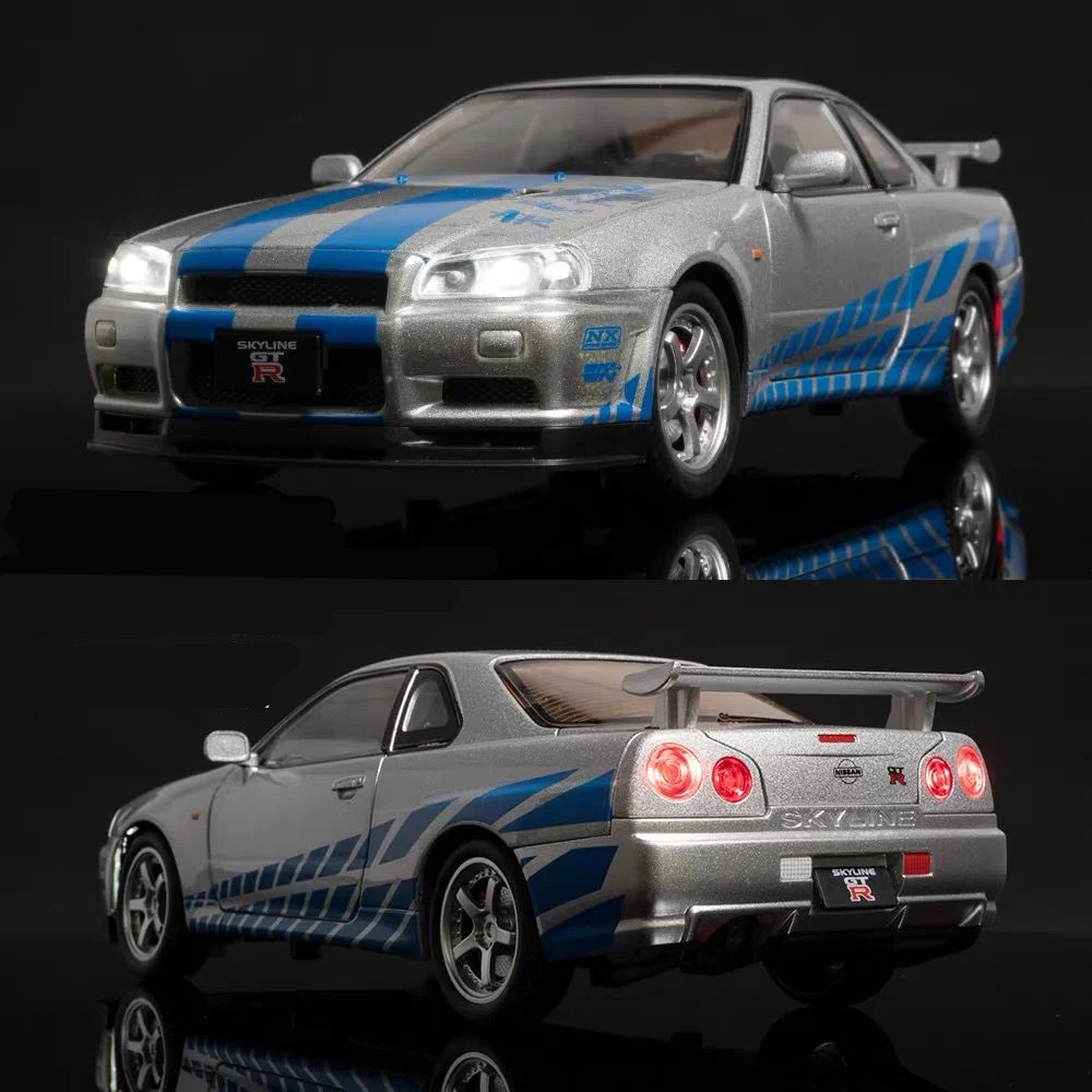 

Модель спортивного автомобиля Nissan Skyline Ares GTR R34 из сплава в масштабе 1:24, литой металлический гоночный автомобиль, модель автомобиля со звуком и фотографией, детские игрушки, подарки