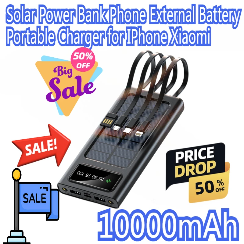 

10000mAh Solar Power Bank High Capacity Phone External Battery Portable Charger Fast Charging for IPhone Xiaomi Powerbank