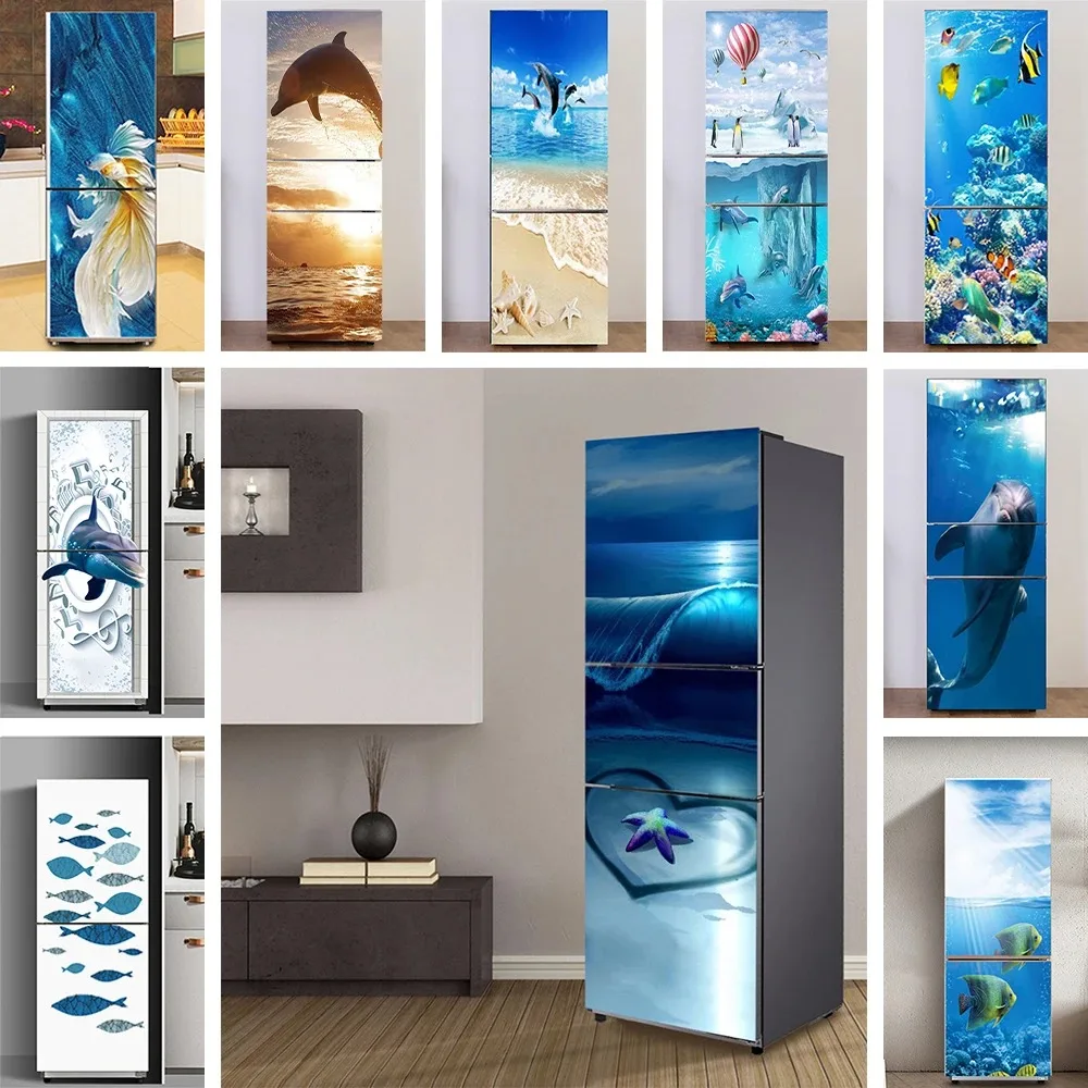 

3D Sea Beach Fridge Door Sticker Waterproof Removable Ocean Wave Dolphin Mural Wallpaper for Kitchen Cabinet Renovation