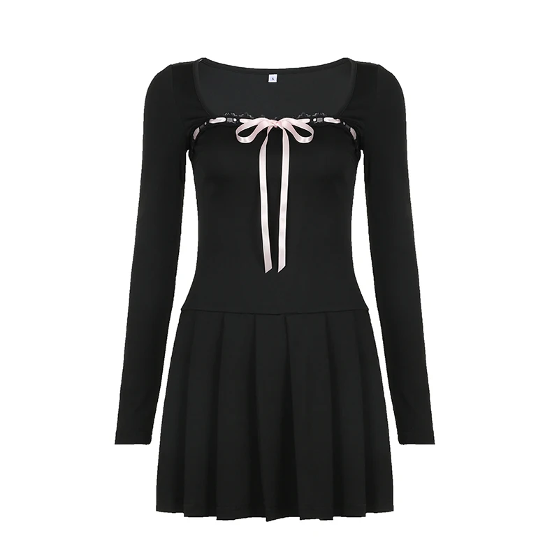 Fashion Women Balletcore Aesthetic Bodycon Long Sleeve Mini Dress Rockmore Black Lace Up Square Collar Dresses Korean Style