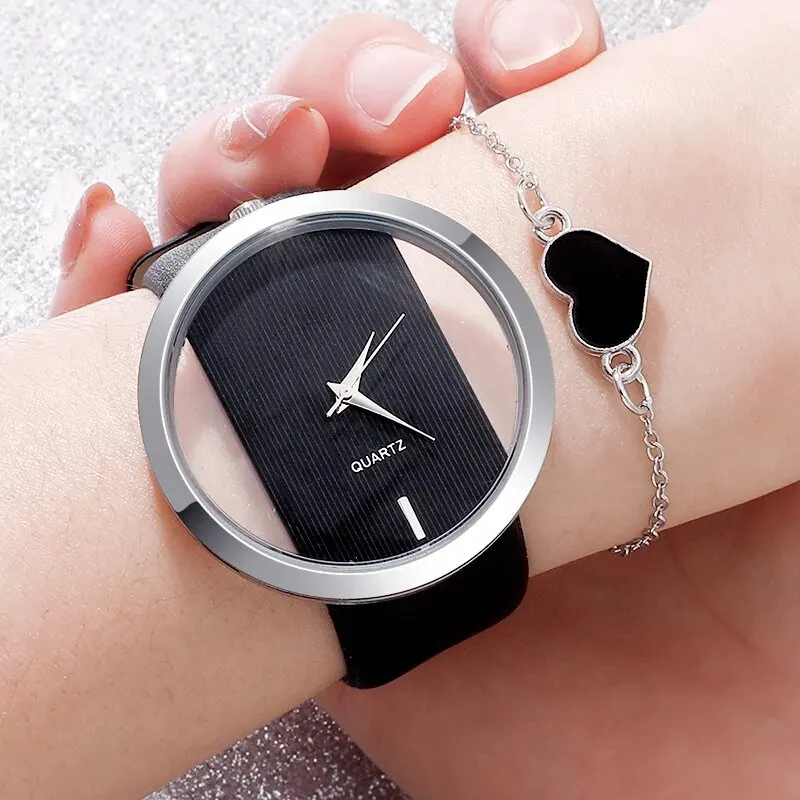 2Pcs Set Fashion Women Simple Watches Leather Band Ladies Dress Quartz WatchWrist Female Clock Gifts Relogio Feminino