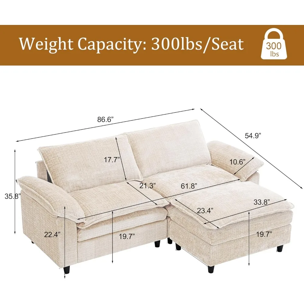 Cloud Sectional Couch, 86.6” Oversized Comfy Modular Loveseat Sofa with Deep Seat & Ottoman, Chenille 2 Seater Love Seat