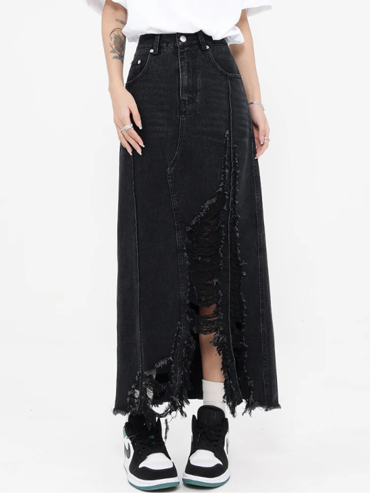 [EAM] High Waist Blue Denim Holes Irregular Burr Long Casual Half-body Skirt Women Fashion Tide New Spring Autumn 2024 1DF6983