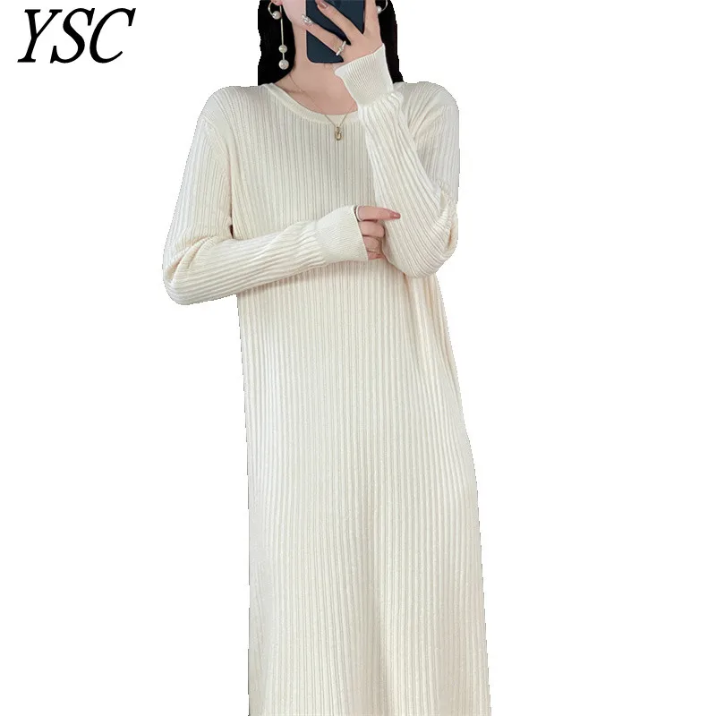 

YSC 2023 Women Knitted wool blend Dress Round neck Solid color Long sleeved Super long style Soft and warm high quality Dress