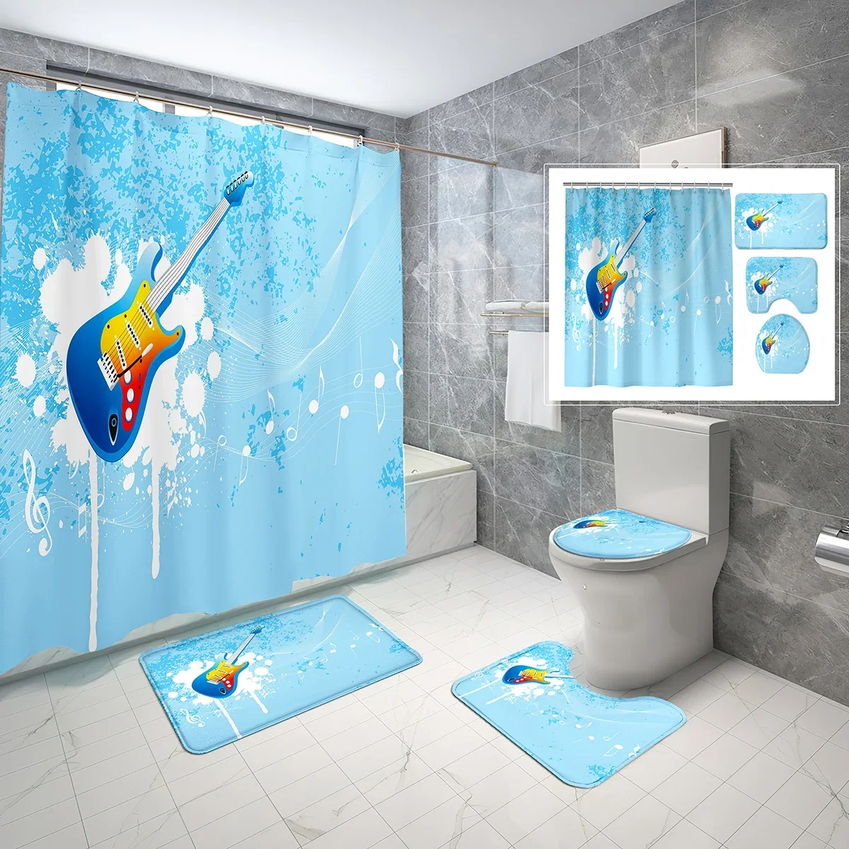 4 Pcs Guitar Shower Curtain Sets with Non-Slip Bath Mat Sheet Music Blue Decor Toilet Lid Cover and Shower Curtain Cover Sets