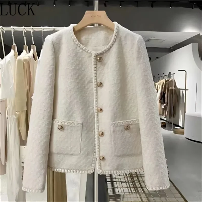 

Women Jacket New Autumn and Winter Beige Short Small Fragrance Short Coat Temperament Socialite Tweed Round Neck Coat Woman