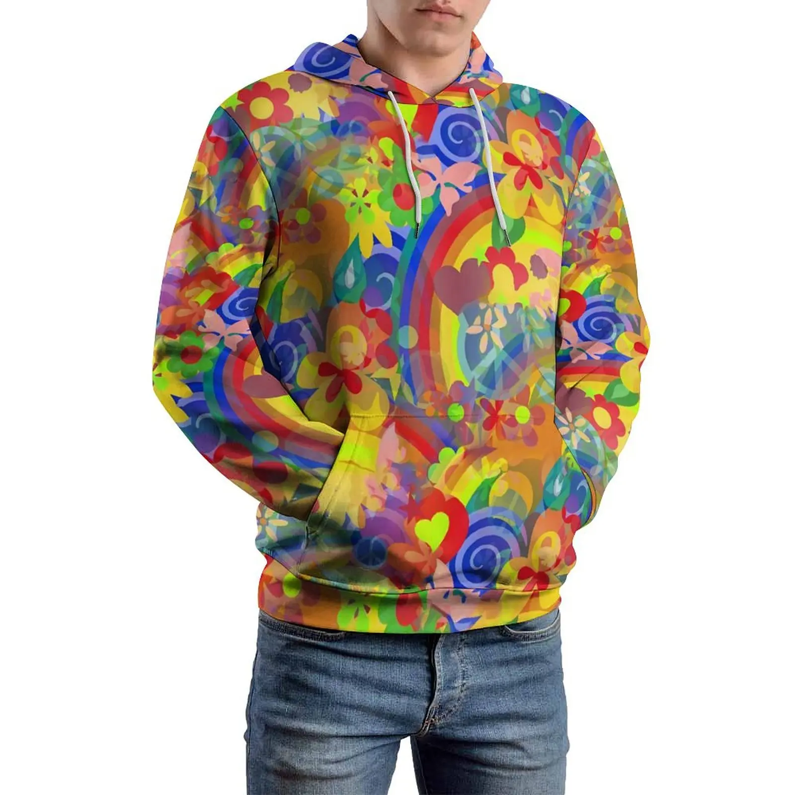 Flower Power Casual Hoodies Unisex Rainbow Print Aesthetic Custom Sweatshirts Winter Long Sleeve Loose Oversized Hoodie