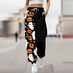 Women Fashion Trousers Pumpkin Skulls Halloween Print Bottom Sweatpants Pockets Loose Pants For Women Elastic Waist Casual