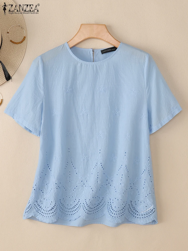 

ZANZEA Cotton Lace Blouse Women Casual Loose Patchwork Tops Fashion Solid Color Blusas 2025 Short Sleeve Summer Tunic Oversized