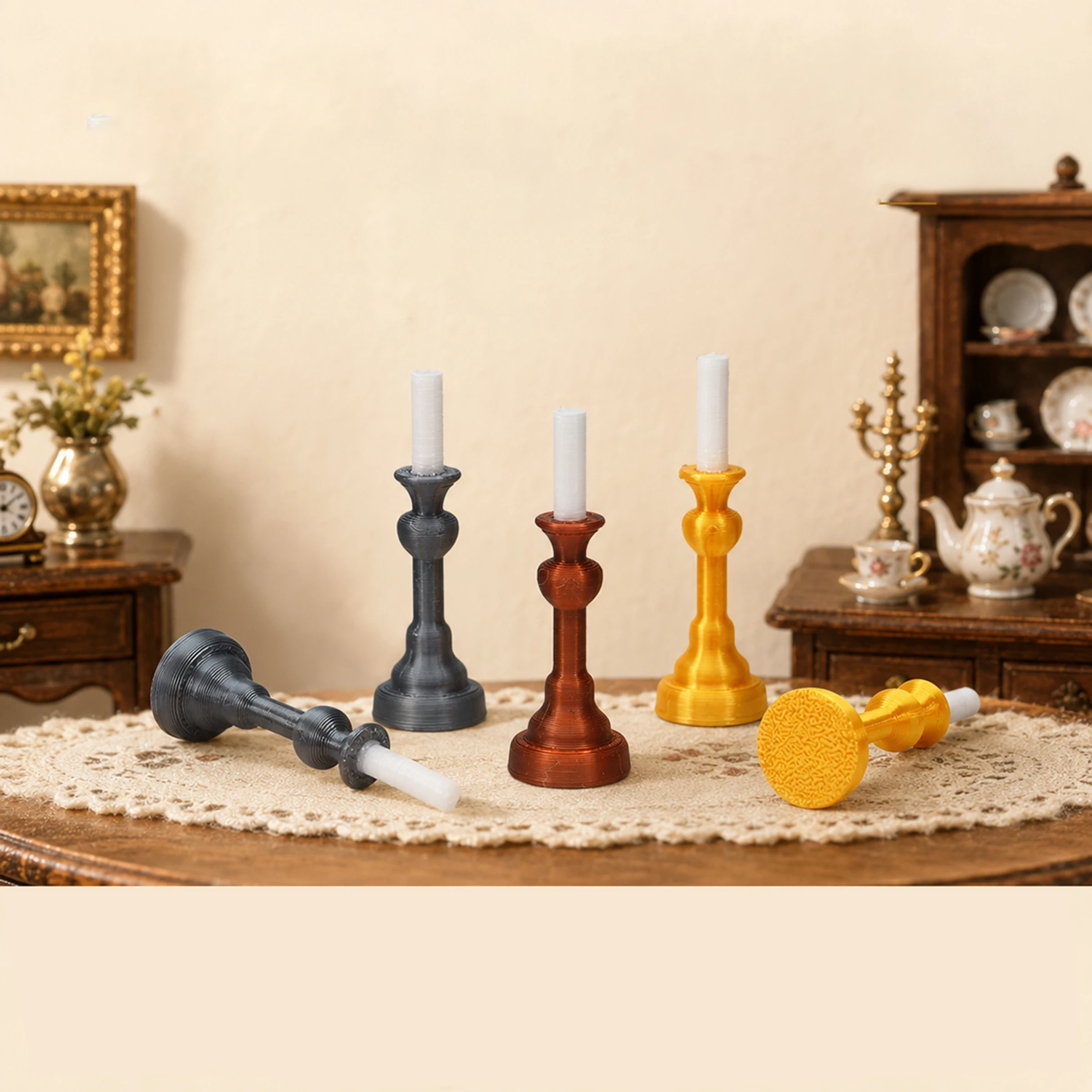 1Pair Doll House Miniature Candlestick Simulation Candle Model Vintage European Furniture Decoration Dollhouse Accessories
