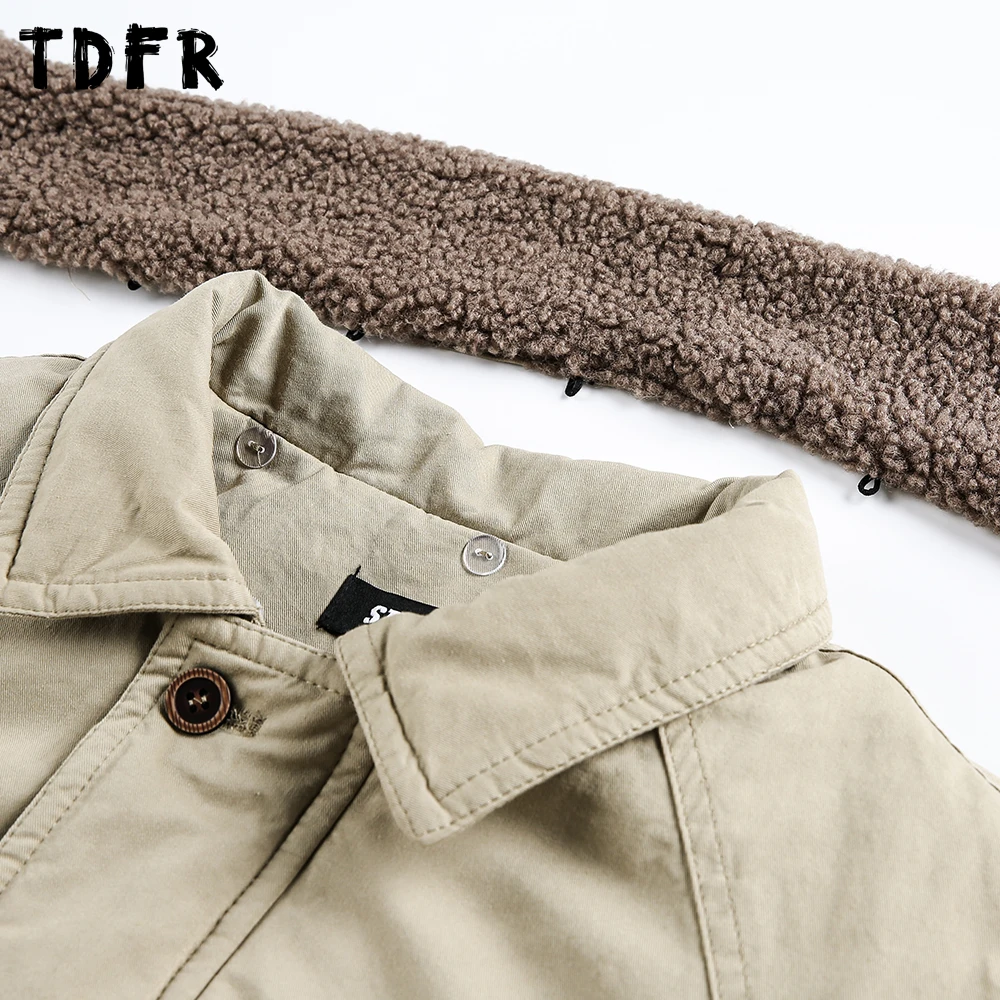 جيب تقسم البضائع مبطن سترة رجالي ريترو الشتاء للإزالة الفراء طوق فضفاض كم طويل التلبيب ملابس خارجية سميكة رجل