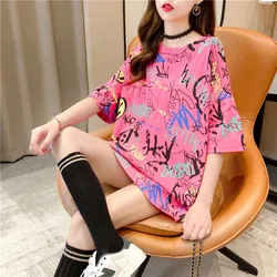 Hot Elegant Korean Style T-Shirts For Women Loose Short Sleeve Round Neck  Printed Ladies Tee Oversize Clothes NS4605