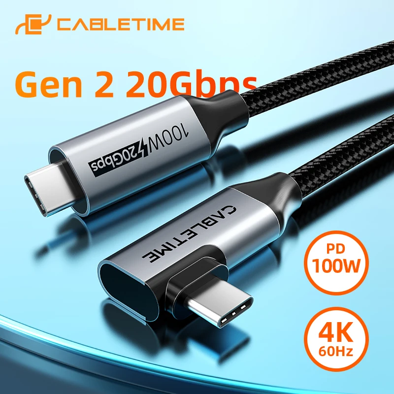 CABLETIME USB C Cable 20Gbps Gen 2 Cable 90 Degree 4K 60Hz PD 100W HDR for Macbook Pro Laptop Samsung Smart Phone Tablet