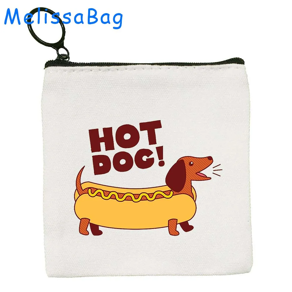 Funny Hot Dog Cartoon Dachshund Dog Cute Dachshunds Happy Sausage Dogs Gifts Canvas Coin Purse Key Case Bag Wallet Zipper Pouch