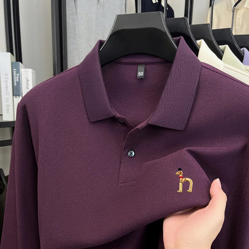 رجل الأصلي طويلة الأكمام قميص بولو 100% القطن رائعة التطريز النمط البريطاني الخريف الساخن القمم الأعمال الترفيه الرجال الملابس #1