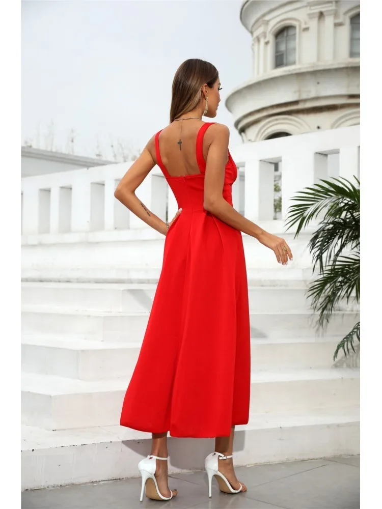 Women\'s Formal Wrap Red Midi Dress V Neck Sleeveless Summer Ladies Elegant Sexy Strap Evening Cocktail Party Gown Ceremony Dress