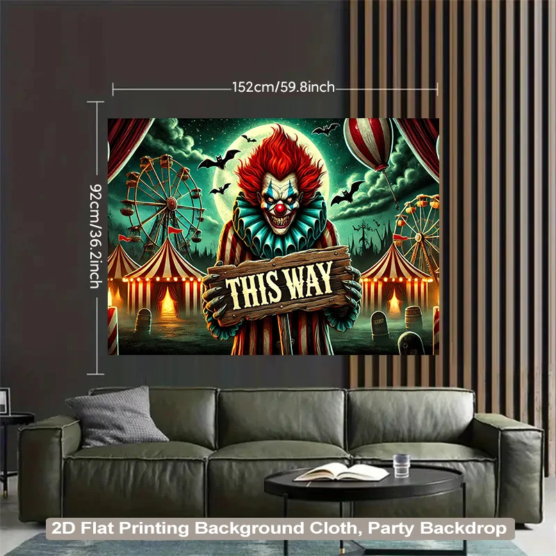 مسطح ثنائي الأبعاد، قطعة واحدة من نسيج خلفية كرنفال المهرج المرعب، مع مهرج على طراز Pennywise وتصميم موضوع "It" #2