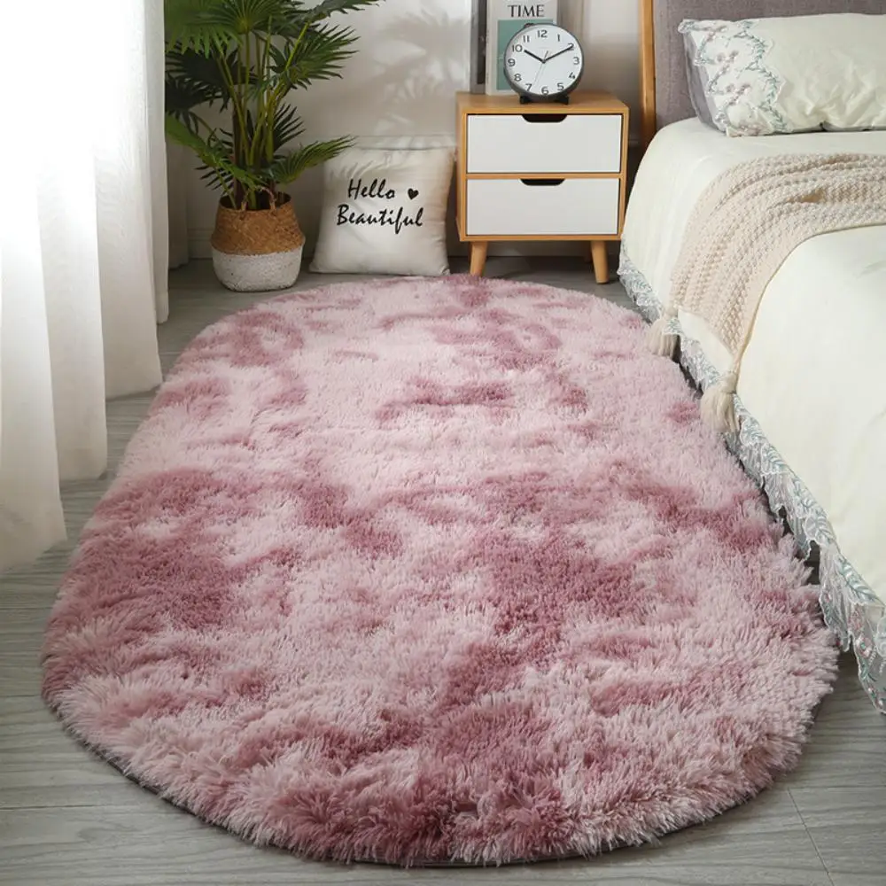 VIKAMA Nordic ins thickened long hair tie-dyed silk hair carpet Modern simple oval bedroom bed rug, living room sofa rug