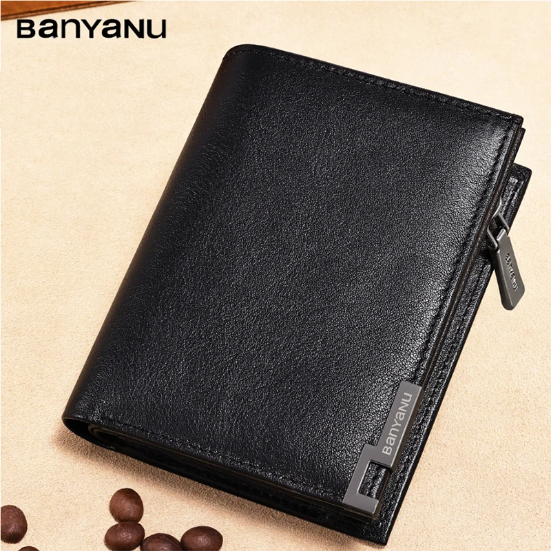 BANYANU Men's Genuine Leather Wallet RFID Anti-theft Top Layer Cowhide Zipper Card Holder Wallet Multifunctional Money Clips