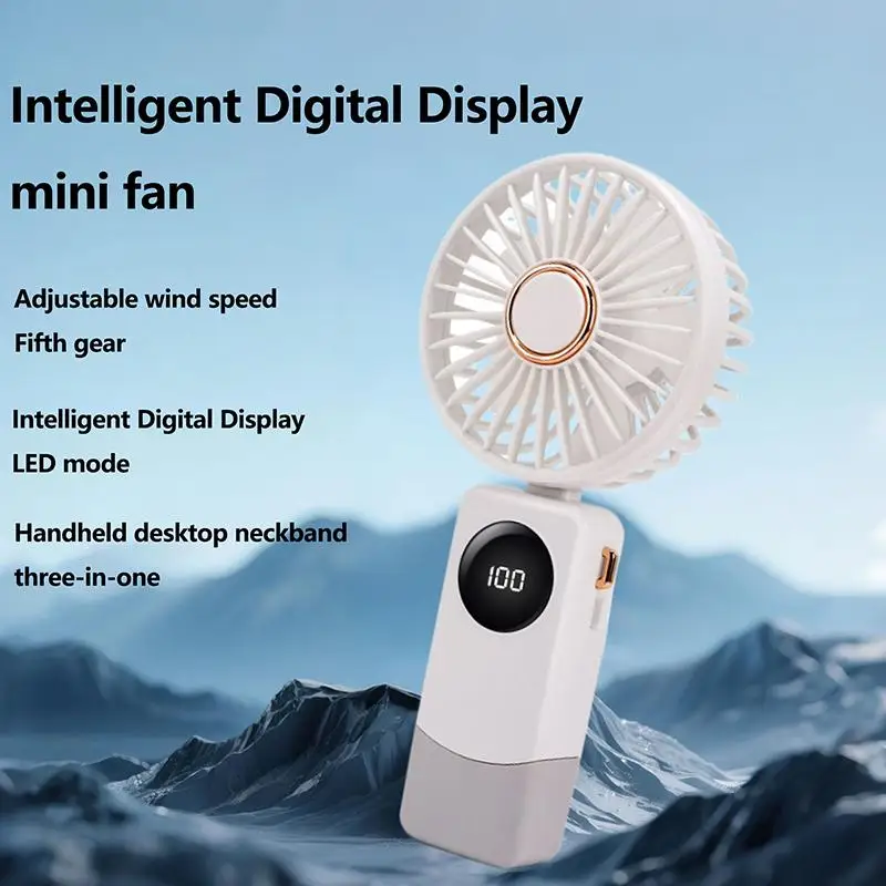 Portable Handheld Personal Rechargeable Fan LED Digital Display 90°Adjustable Rechargeable Fan 5 Speed Wind With Lanyard·