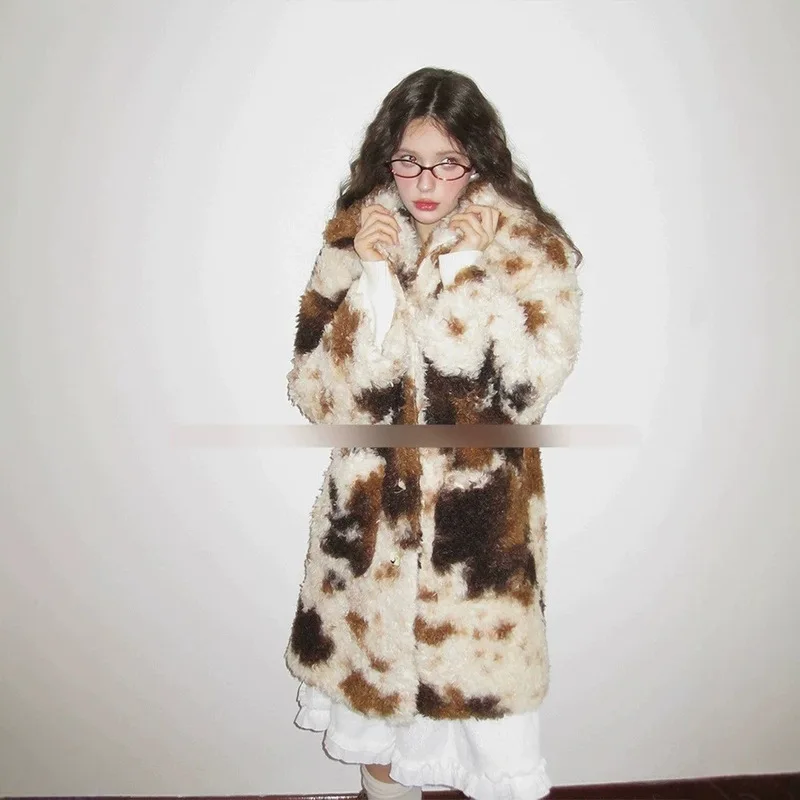 QICHE Ladies Printed Faux Fur Long Overcoat Leopard Pattern Warm Furry Coat Casual Outerwear Autumn Winter