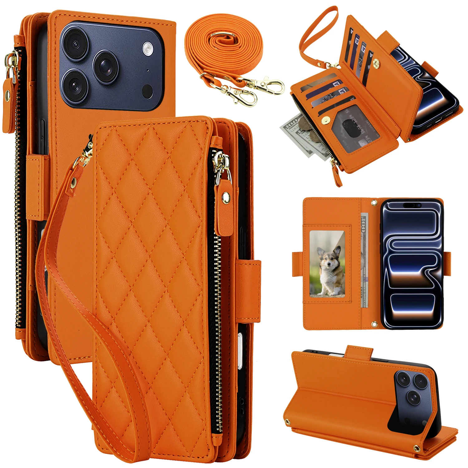 

Crossbody Zipper Cards Solt Wallet Flip Leather Case For iPhone 17 Pro Max 16 Plus 15 14 13 12 11 Shockproof Portable Cover