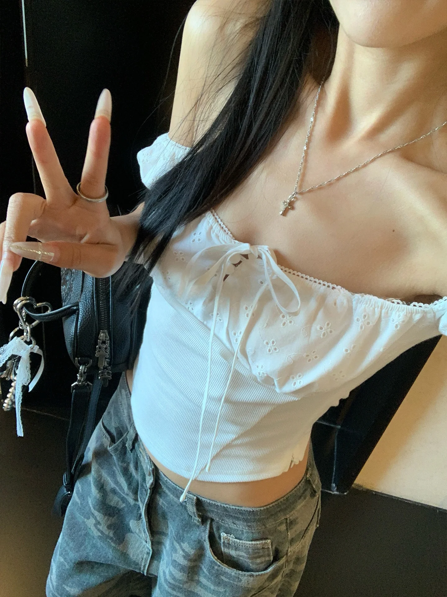 

YOLO OP White Splice Design Large U-ne T-irt Women Summer ort Bubble Sve Slimming Sexy Top Commute Sle Pure Color