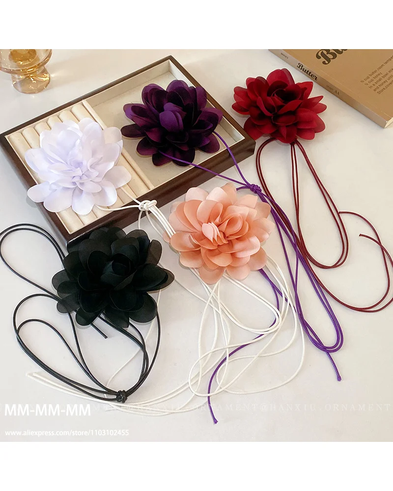 MM  Long Rope Fabric Flower Choker Necklace For Women Multipurpose Exaggerated Romantic Chains Necklaces Neck Accessories