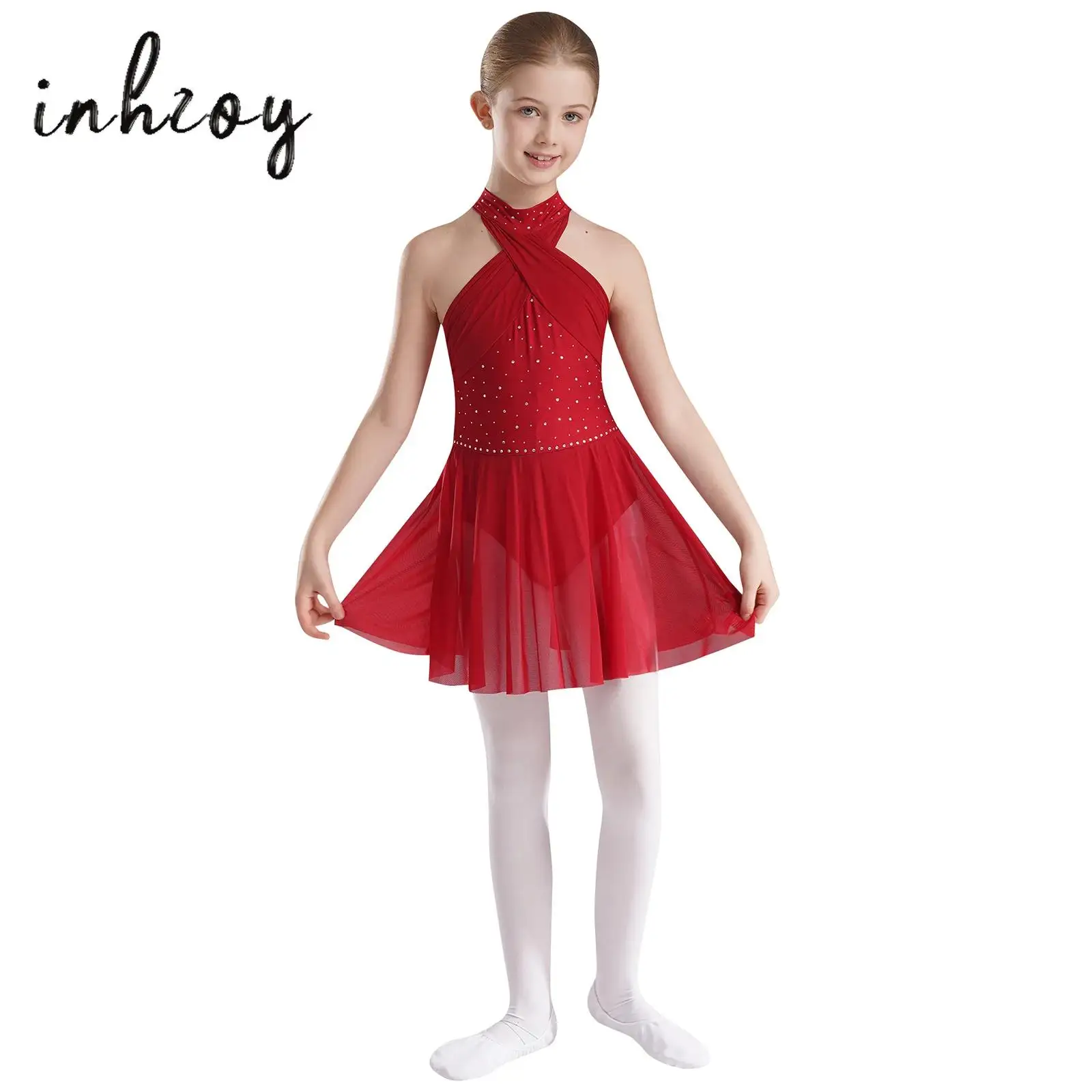 

Kids Girls Lyrical Dance Dresses Shiny Rhinestones Cross Mesh Patchwork Sleeveless Leotard Dress Stage Performance Dancewear