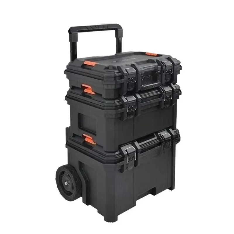 Stackable Tool Box Combination Pull Rod Toolbox 3 Layer Waterproof Plastic Tool Case Tough Build Tools Storage Boxes with Wheels