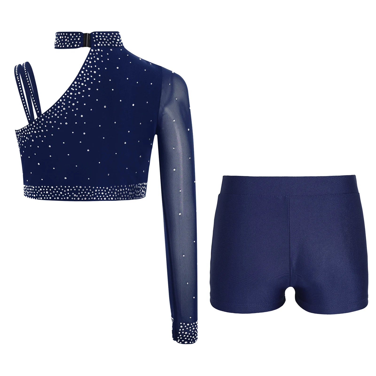 Kids Girl's Workout Gymnastics Outfit Yoga Sets Unique Irregular Shoulder Crop Top with Shorts Teen Sports Athletic Suits
