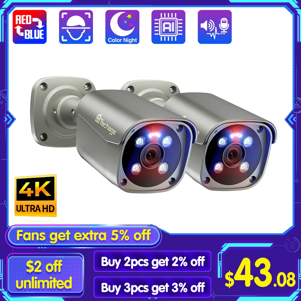 

Techage UHD 5MP 4K 8MP камера безопасности POE Smart AI Человек обнаруживает наружное двустороннее аудио IP камера CCTV
