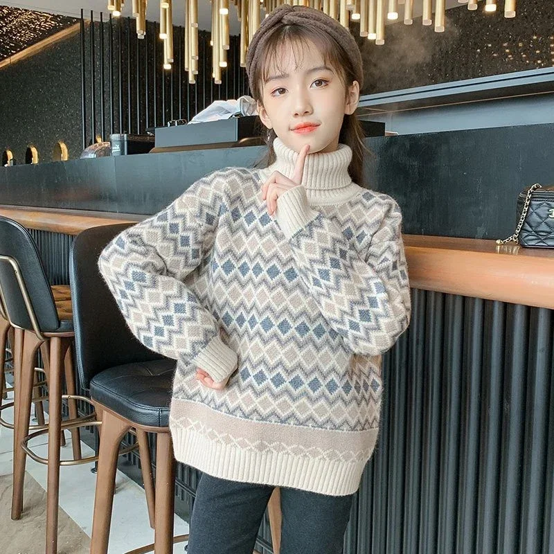 6 5 8 10 12 Years Girls Sweater Children's Girls High Neck Autumn Winter Top New Plush Thick Winter Knitted Sweater Kids Clothes