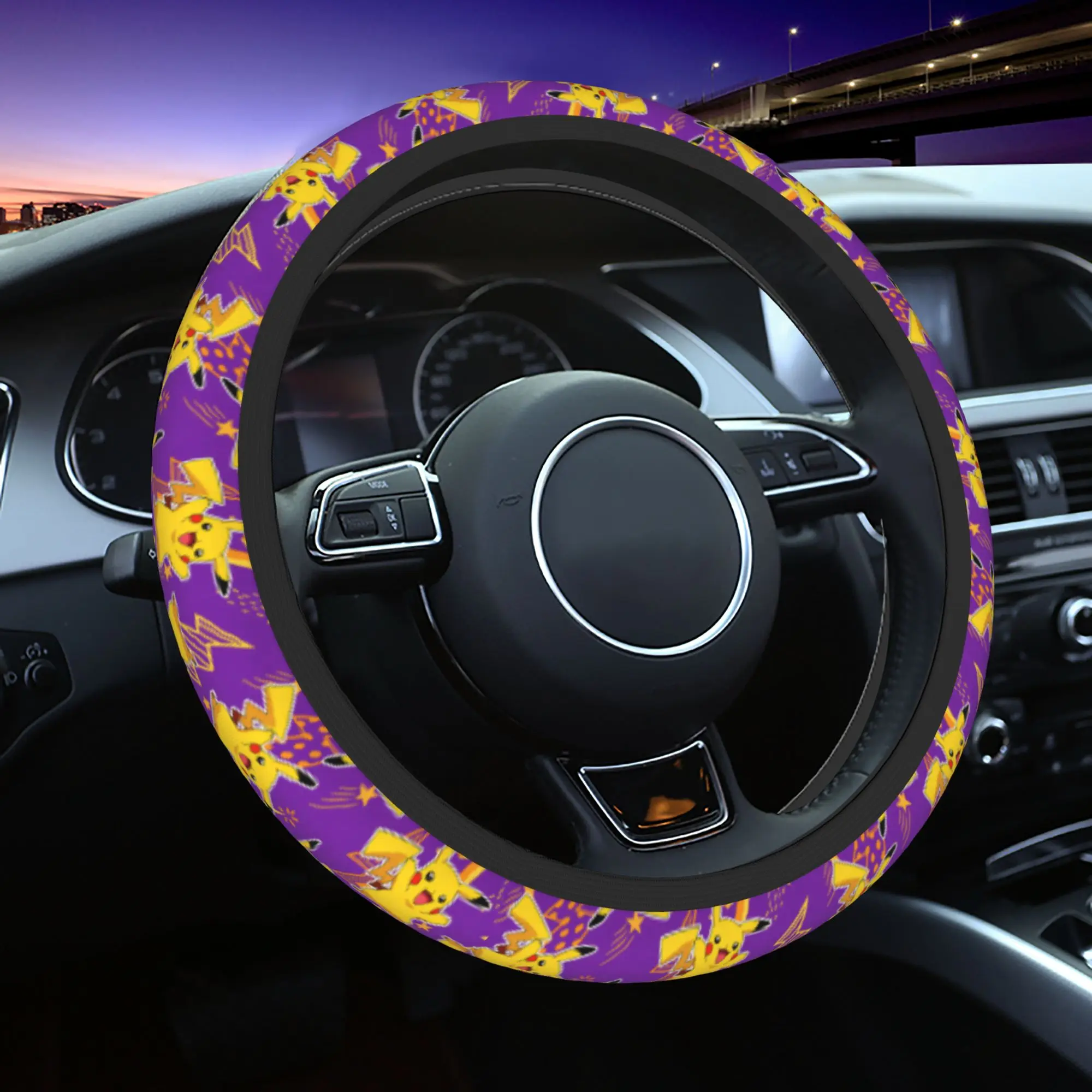 Cute Car Steering Wheel Cover 38cm Non-slip Pokemoned Steering Wheel Protective Cover Elastische Carstyling Interior Accessories