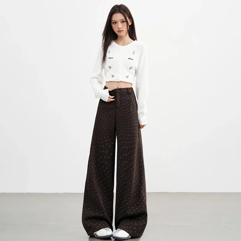 Autumn Winter Floral and Frosted Elegant Wide Leg Pants Women Korean Style High Waist Baggy Pants Office Ladies Loose Trousers