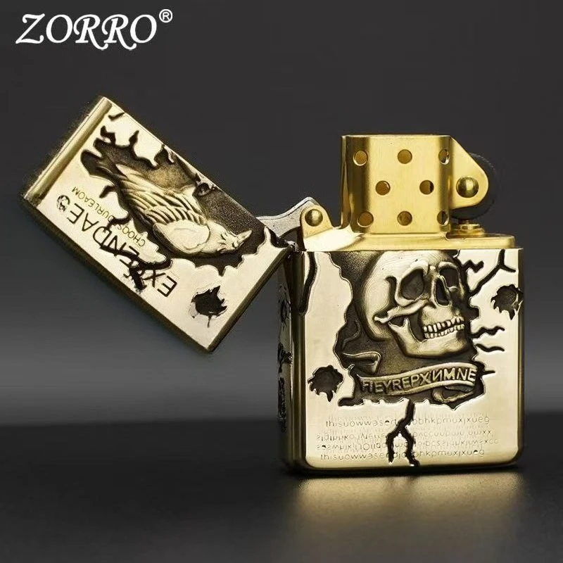 2026 New ZORRO Genuine Brass Skull Kerosine Lighter, Hand-carved Old Style Personalized Creative Luxury High-end Gift for Men