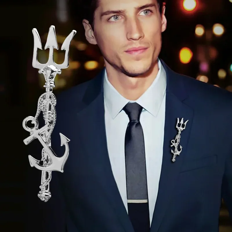 High-end Vintage Trident Brooch Pin Metal Anchor Long Needle Lapel Pins Men's Suit Shirt Badge Collar Clothing Accessories Gifts
