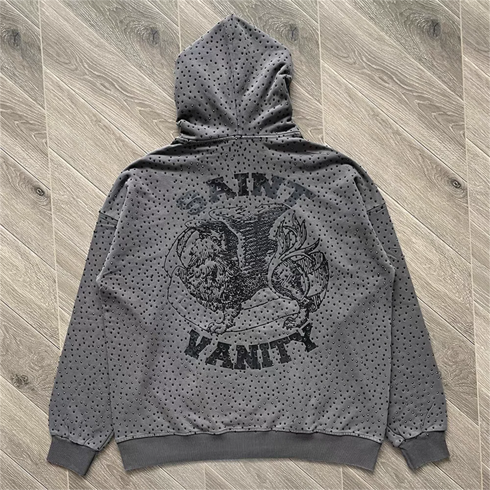 

Washed SAINT VANITY HOODIE Men Women 1:1 Best Quality Heavy Fabric Unisex Diamond Studded Hooded