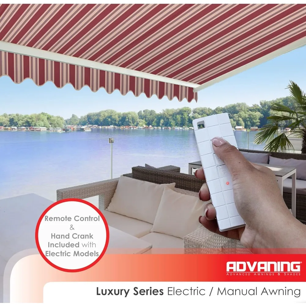 Luxury Series,Electric Retractable Awning, Premium Quality Fully Assembled UV+ Sun Shade Canopy,Brick Red Stripes, EA1210-A430H2