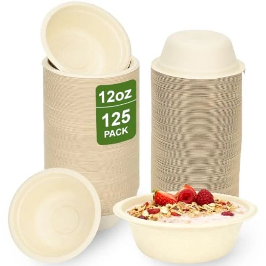 

125 Pack 12 OZ Paper Bowls, Natural Compostable Disposable Soup Bowls, Eco-Friendly Bagasse Serving Plates and Bowls for Hot Fo