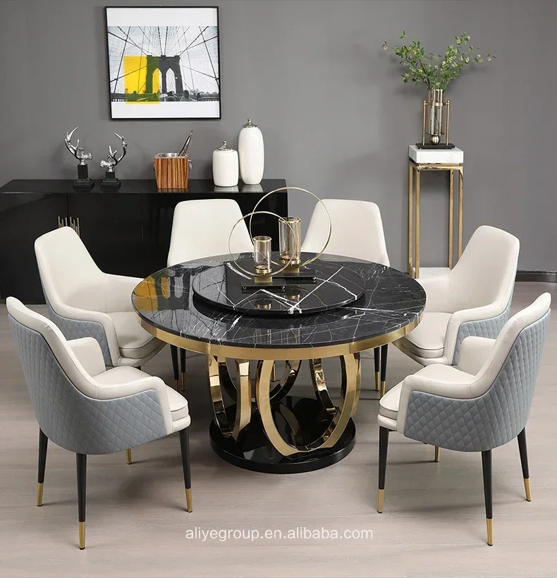 Modern Design Metal Base Dinner Round Rotating Centre Marble Top Dining Room Set Designs Dining Table