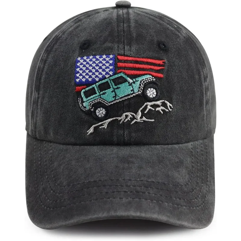 

Goyklrb American Flag Car Hat for Men, Funny Adjustable Washed Cotton Embroidered USA Mountain Offroad Cars Hat