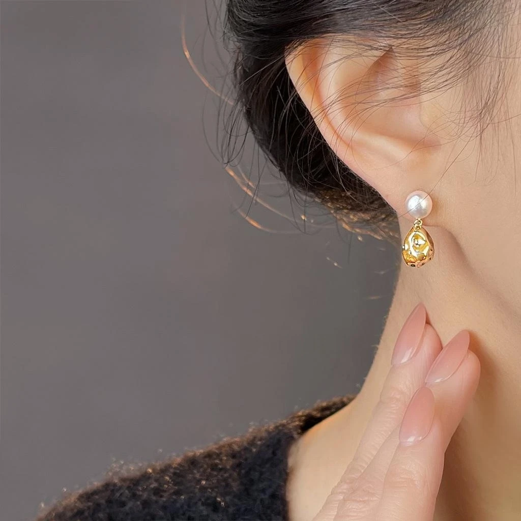 14K Gold Plated Natural Freshwater Pearl Vintage Irregular Textured Drop Earrings For Women Minimalist Jewelry Gift