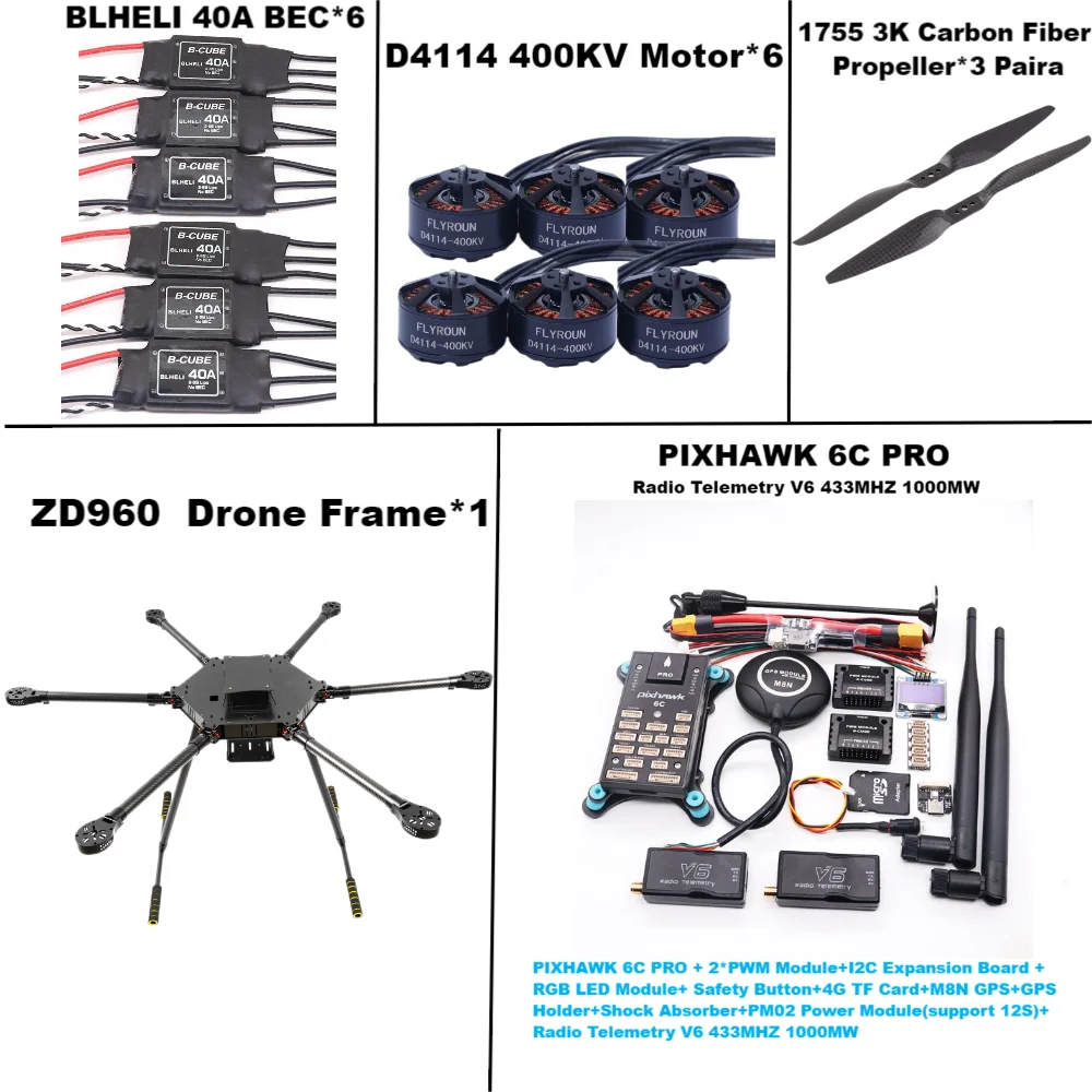 ZD960 PIXHAWK 6C PRO M8N M9N M10 Full Carbon Fiber Hexa-Rotor Frame BLHELI 40A ESC Flight Comtrol Rado Telemetry Set