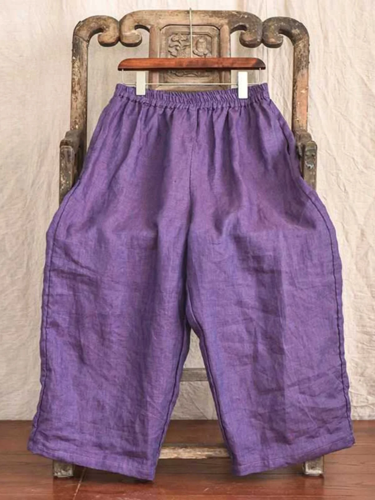 بنطلون نسائي صيفي فضفاض واسع الساق مستقيم من الكتان الأرجواني مريح وانسيابي بخصر عالٍ وطول تسعة أرباع