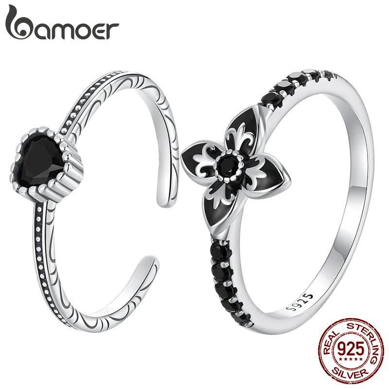 Bamoer Original 925 Sterling Silver Nightfall Heart Black Open Ring Flower Ring Elegent For Women Party Daily Gifts Fine Jewelry